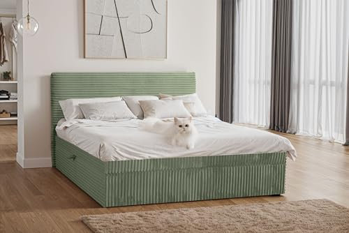Kaiser Möbel - Bett 180x200 cm, Boxspringbett mit Bettkasten und Topper, Cord Schlafzimmerbett, Doppelbett mit Stauraum und Gepolstertes Kopfteil, Toppermatratze aus Viscoschaum - Trento - Olive