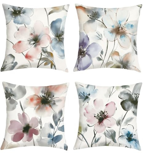 Joymaison Fundas Cojines 45x45 Juego de 4 Modernas Funda de Almohada Flores de Acuarela Cojines Fundas Rústico Abstracto Flores Cojine Decorativas para Sofá Salón Silla
