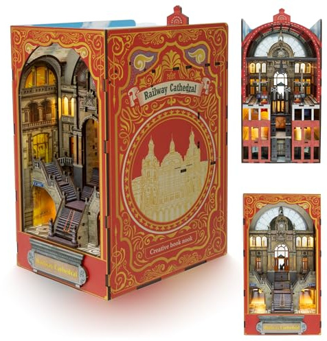 LUNIQUESHOP Kit Book Nook – Único maqueta de 2 caras – Casa Miniatura de montaje – Catedral y estación – Invernadero – Kit de modelado de madera con luz LED Casa de muñecas