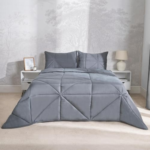 OHS 7.5 Tog Summer Double Duvet Coverless, Soft Warm Microfibre Quilted Geometric Pattern Lightweight Comfort Washable Double Bed Duvet with Pillowcases, Grey