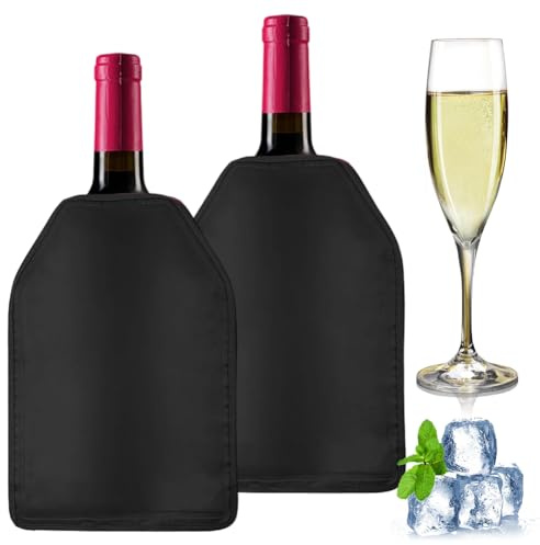 Weinkühler Manschette, 2 Stück Kühlmanschette Wein, Lange Kühlung, Weinflaschenkühler Nylon, Tragbar Flaschenkühler für Wein, Sekt, Champagner und Getränke, für Haushalt, Outdoor, Schwarz