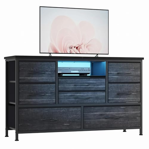 Garvee Kommode Mit 8 Schubladen, 3 Steckdosen & 2 USB, TV-Schrank Mit LED-Licht, Ladestation, Kommode Für Schlafzimmer, Wohnzimmer, Flur Mit Metallstruktur, Tischplatte Aus Holz(Schwarz/Grau)