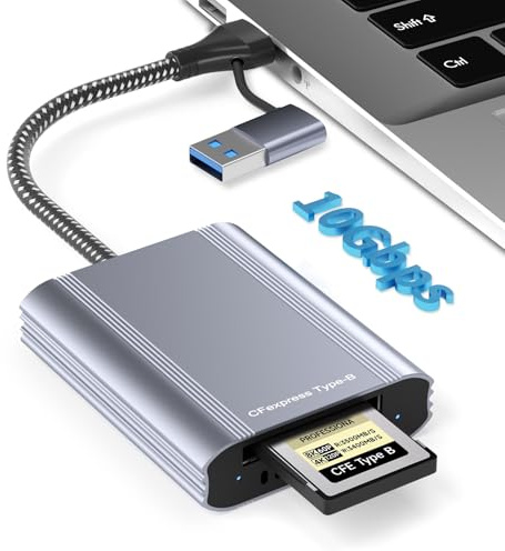 CFexpress Type B Card Reader with USB 3.2 Gen 2 10Gbps & USB-C/USB-A 2-in-1 Type B CFexpress Adapter, Compatible with Windows/Mac/Linux/Android, for iPhone 17/16/15, Laptops, Tablets, Smartphones