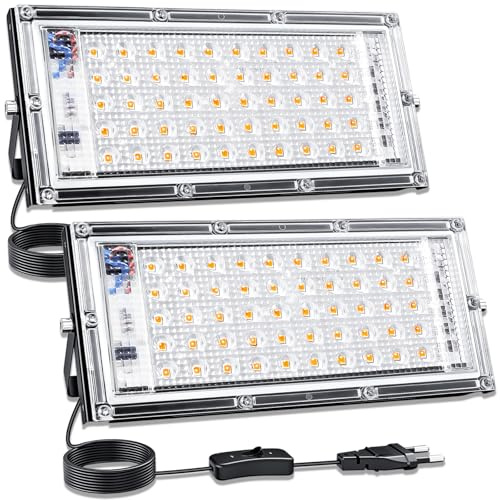 CREATESTAR 50W Faretto LED da Esterno，2pcs Faretto Led con Spina,3000K Bianco Caldo Faretti led 5000LM,faretti LED esterni 3000K, IP65 Impermeabile per Giardino,Patio, Garage