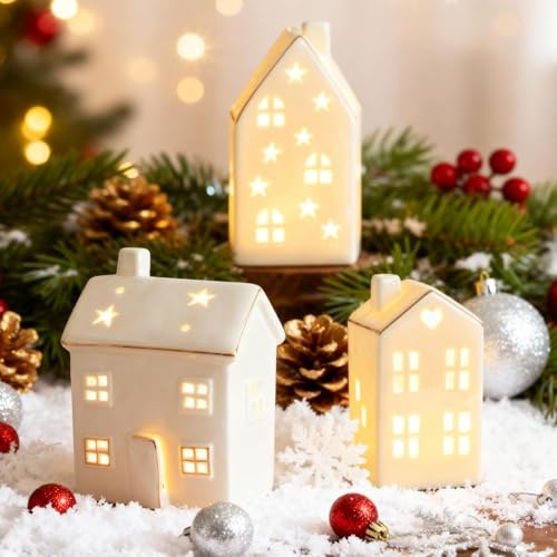 Ferakum 3 Stück Weihnachtshäuser Weihnachtsdorf mit LED, Beleuchtete Weihnachtshäuser Weiß Keramik, Weihnachten Deko Weihnachtsdorf Häuser Laterne, Teelichthaus Häuser für Weihnachten Deko Innen