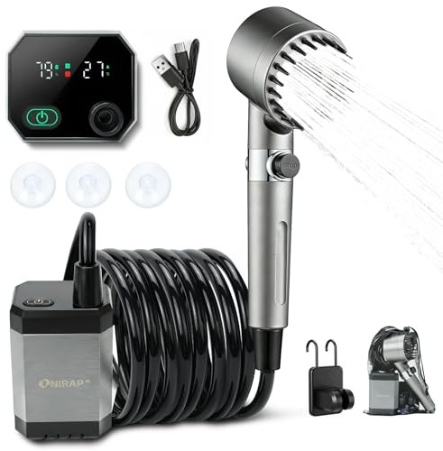 Onirap Portable Shower for Camping, Filtered Camping Shower, IPX8 Waterproof，6000mAh Rechargeable Outdoor Camp Shower Pump with LED Display, 4 Spray Modes for Hiking, Travel, Pet
