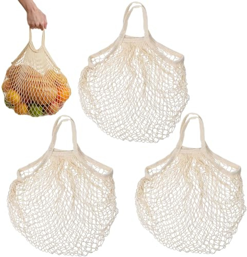 XIAOGUA 3 Piezas Bolsa de Compra de Red de Algodón Bolsa de Malla de Asa Larga Ecológicas Ligeras y Plegables para Compras, de Algodón Reutilizables para Frutas, Verduras, Viajes, Salidas, Playa
