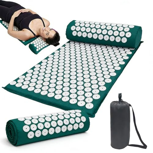 Tappetino per Agopressione con Cuscino, Tappetino per Agopuntura, Tappeto Agopressione per Massaggio (Verde scuro)