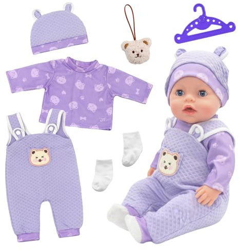 6-teiliges Lila Baby Puppenkleidung für 35-43cm Puppen – Baby Puppenkleidung für 14-17 Zoll Puppens mit Hut Oberteil Overall Anhänger Kleiderbügel Socken, Puppenkleidungsset 43cm, Geschenk für Kinder