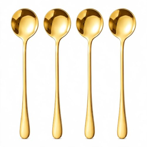 4-Piece Gold Latte Spoons, 7.28-Inch Long Handle Stainless Steel Teaspoons | Round-Head Design for Coffee, Iced Tea, Milkshakes, Sundaes, Yoghurt and Honey Jars; Mirror-Polished Finish.