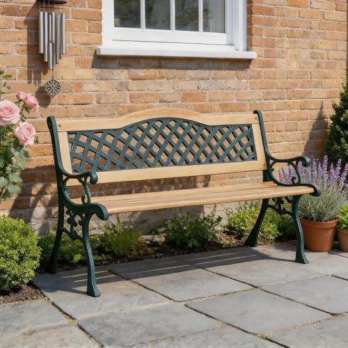 Home Source Lorien Wooden Garden Bench – Verdigris, Lattice Back Design | 125W x 52D x 76H cm | 2-Seater Outdoor Bench