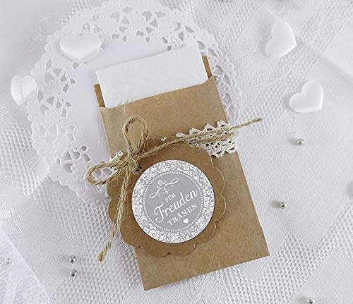 Freuden Tränen Taschentücher Set zur Hochzeit Klein 24 Sticker + 24 Flachbeutel Kraftpapier braun - 63 x 93 mm Taschentuch Freudentränen Verpackungen Aufkleber in GRAU Ornamente Shabby Chic Look