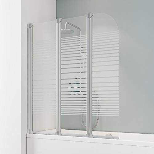 Schulte Badewannenfaltwand Komfort, 125 x 140 cm, 3 mm Sicherheitsglas (ESG) Dekor Querstreifen, Alu-Natur, Duschabtrennung für Badewanne, Duschwand mit Teilrahmung D1654 01 72