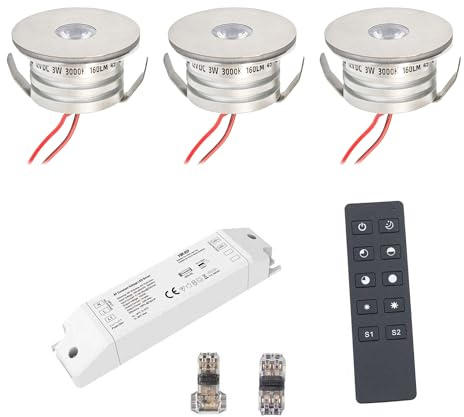 VBLED® 3er Funk Set 3W Mini-Einbauspot Einbaustrahler warmweiß 3000K IP44 12V DC Warmweiss Inkl.LED Trafo und Verbinder Unbegrenzte Möglichkeiten: Terrasse, Bad, Wohnbereich [Energieklasse A+]