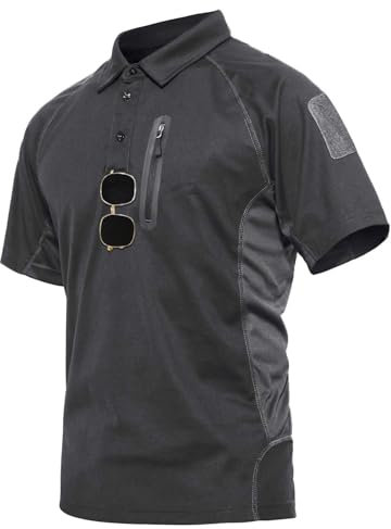 KEFITEVD Polo Funktionsshirt Herren Kurzarm T-Shirt mit Brusttasche Polyester Leicht Sommer Shirt Wandern Angeln Männer Freizeitshirt Dunkelgrau L