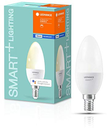 LEDVANCE Smarte LED-Lampe mit Bluetooth Mesh Technologie, Sockel E14, Dimmbar, Warmweiß (2700K), ersetzt Glühlampen mit 40W, steuerbar mit Alexa und Google, SMART+ BT Candle DIM, 4er-Pack