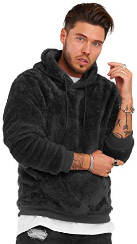 behype. Herren Teddy-Fell Kapuzen-Pullover Sweatshirt weicher Hoodie mit Kapuze Fleece-Jacke 40-4705 Schwarz L