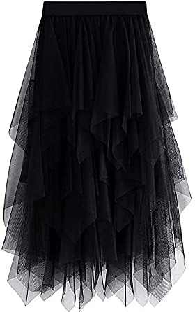 YILEEGOO Women's Tulle Skirt High Waist Tiered Layered Mesh Ballet Prom Party Tulle Tutu A-line Midi Skirt (Black, ONE Size)