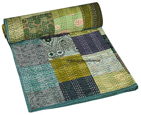Couvre-lit Kantha en soie faite à la main en patchwork indien pour très grand lit, couvre-lit réversible style vintage cousu à la main, couverture de plage décorative (vert, bébé 101,6 x 152,4 cm)