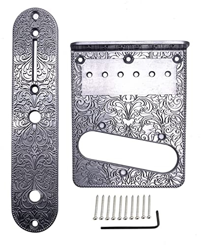 TUOREN 1 Set Telecaster Bridge Plate 3 Way Switch Control Plate Set with Carved Pattern Compatible with Fender Tele 6 String Electric Guitars Silver