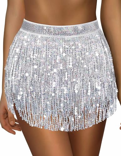 A Silver Sequin & Sparkle Belly Dance Skirt - Glitter Tassel & Fringe Hip Scarf, One Size