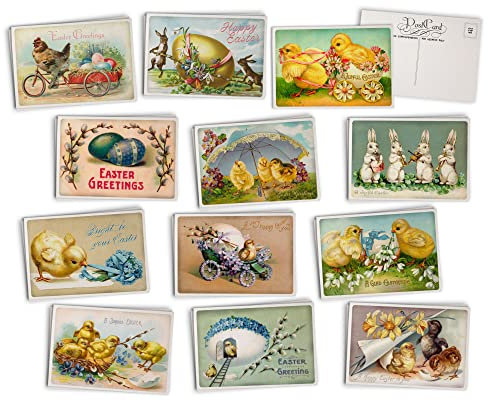 Vintage-Osterpostkarten, 24 Ostergrüße, Postkarten, 12 verschiedene Designs, Retro-Osterkarten, gedruckt auf antikem, strukturiertem Karton, ideal für Ostergrußkarten, Vintage-Osterdekoration