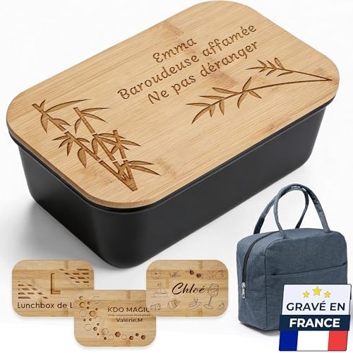 KDO MAGIC - Lunchbox personalisiert - Vorname eingraviert - Anpassbare Abdeckung - Essensbox - Schwarze oder weiße Farbe - Geschenkidee zum Muttertag, Geburtstag (Motiv: Vegetation, schwarz)