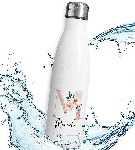 timalo® Thermosflasche | Initialen | personalisiert mit Namen auslaufsichere Edelstahl Trinkflasche Wasserflasche Muttertag Geschenk für Frauen 500mL | M