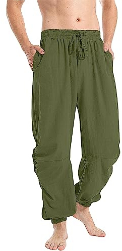 YAOBAOLE Linen Drawstring Trousers Mens Yoga Pants Slim Fit Men Baggy Trousers Army Green 2XL