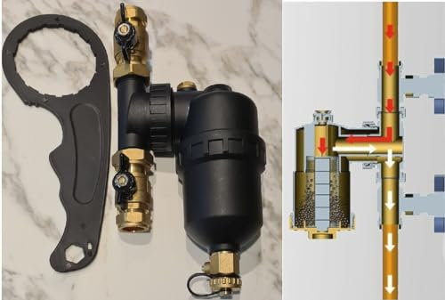 Magnetic Boiler Filter 22mm Inline Sludge Remover for Central Heating Systems - Includes Isolating Valves - NEW Improved 12000 Gauss Magnet TC-FILTER v2