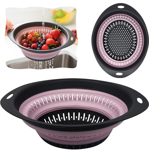 Passoire pliable au-dessus de l'évier pour légumes/fruits en silicone avec poignées, panier pliable pour laver les fruits, les légumes, le riz, etc. (gris et rose, ovale, 31 x 23 x 11 cm)