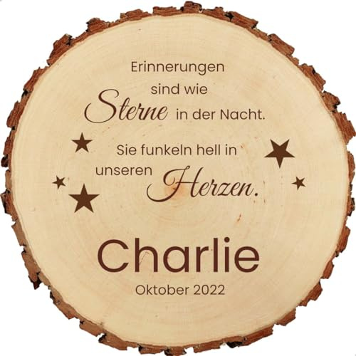 Sterngraf Baumscheibe 18cm mit Gravur (Name) personalisierte Tier-Gedenktafel Grabschmuck Trauer-Gedenkplatte Holz, Andenken Haustiere, (zB Hund, Katze) Grab-Deko, MotivT8 Sterne