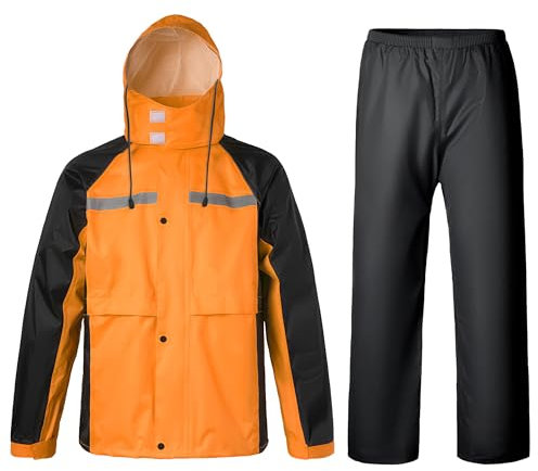 Oralidera Set Giacca e Pantaloni Impermeabili da Uomo Tuta Antipioggia da Lavoro Riflettente Giacca Antipioggia con Cappuccio Impermeabile, Arancione+Nero, XL