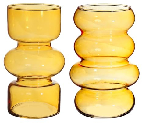 NaDeco Zwillingsvase im Set mit 2 STK., Durchmesser 10 cm, Höhe 18 cm, Farben wählbar | Blumenvase | Hydrokulturvase | farbige Vase für Blumen | Moderne geometrische Glasvase, Farbe:Ocker