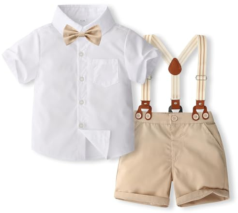 Carolilly Ensemble Costume Gentleman Eté pour Bébé Garçon, Chemisier à Manches Courtes avec Noeud + Shorts à Bretelles, Blanc Beige, 18-24 Mois