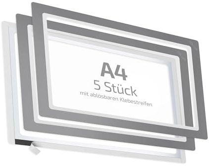 spLEAN 5 Stück Dokumentenhalter klebend mehrfach ablösbar DIN A4, Rahmen, hellgrau, Aushang aus stabiler Vinyl-Hartfolie Stärke 0,70 mm, Made in Germany
