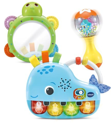 VTech - Coffret P’tit Musicien Mes Premiers Instruments, Premiers Jouets Bébé, Piano Lumineux et Interactif, Tambourin Miroir et Hochet Maracas, Cadeau de Naissance - Contenu en Français