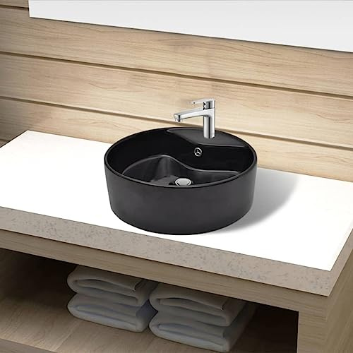 AUVYI Gästetoilette Waschbecken Keramik Hahnloch/Überlaufloch Schwarz Rund 46,5x15,5 CM Aufsatzwaschbecken Kosmetikraum Möbel Waschbecken Gäste WC Handwaschbecken für Waschraum Badezimmer