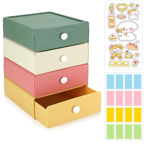 4 PCS Escritorio Cajonera Armario Interior, Cajonera Plastico Apilable con 4 Cajones, Organizador Cajones Cocina con 2 Pestañas para Oficina Material de Papelería, Dormitorio, Baño （4 Cajones）