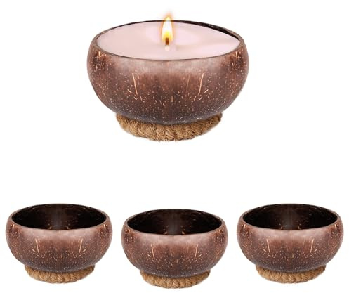 4 cuencos de masa para vela con base de seda de coco, cuenco de concha de coco natural, decoración rústica vintage de granja, cuenco de madera para manualidades, fabricación de velas, centro de mesa