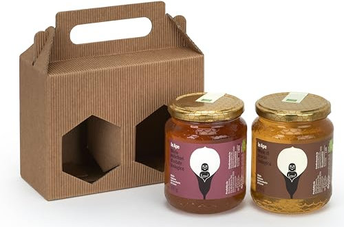 IO APE - Coffret cadeau avec 2 pots de miel bio du lac de Côme 500 g (1 kg au total) - Pots de miel ACACIA et MILLEFIORI dans une boîte cadeau avec épandeur de miel en bois