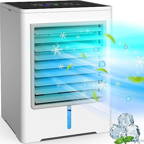 Climatiseur portable, refroidisseur d'air par évaporation avec 3 vitesses, climatiseur personnel USB tactile avec minuterie de 1/3/6h, mini ventilateur de refroidissement de bureau pour chambre
