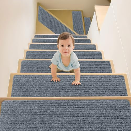 Suimlmta Stair Treads Carpet 14 Pack Grey Stair Rugs Mats Non-Slip Self Adhesive Carpet Runner Pads 20 x 76 cm Step Protectors Cover for Kids Elders Pets Stair Carpet Tiles