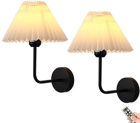 Juego de 2 Apliques de Pared Recargables a batería con Control Remoto y Bombillas, Luces de Pared inalámbricas Regulables con Temporizador y Pantalla de Tela con Forma de Paraguas, lámparas de pa