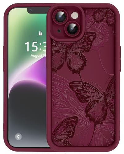 Kuafcase Custodia in silicone per iPhone 15, con protezione morbida e setosa, resistente agli urti, con motivo farfalla, per iPhone 15, colore: bordeaux