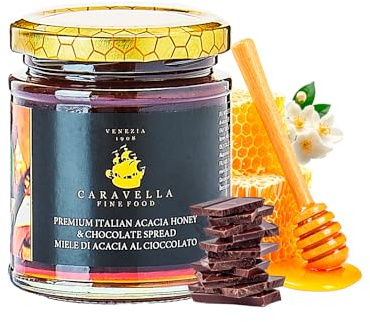 Acacia & Chocolate Honey 250 g Caravella Fine Food | Italian Creamy Gourmet Spread with Dark Cocoa | Light Floral Notes & Deep Cocoa Taste | Ideal for Toast Fruit Pastries Desserts & Gift Boxes