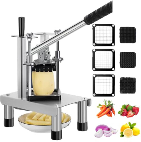 French Fry Cutter, Commercial Chip Cutter Machine with 3 Replacement Blades, Chopper for Potatoes, Carrots, Cucumbers, Ideal for Restaurants and Home Use