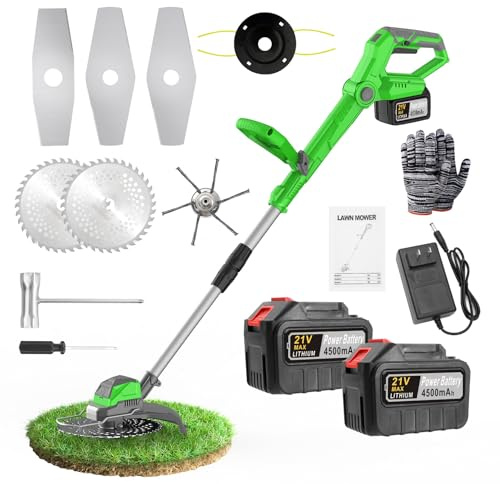 Désherbeur électrique sans fil 21 V avec 2 batteries de 4,5 Ah, moteur sans balais 960 W, tondeuse multifonction 4 en 1, tondeuse à gazon sans fil