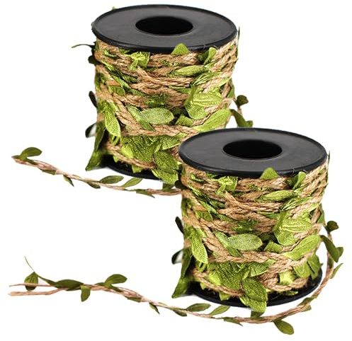 SPDTECH Burlap Leaf Ribbon 33 Feet 2PCS Natural Jute Twine Ribbon with Artificial Leaves for Crafts Wedding Jungle Safari Party Baby Shower Décor Home Decor