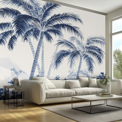 Blue Palm Tree Wallpaper - Tropical Wall Paper, Palm Tree Home Decor, Non-woven Waterproof Print Wallpapers for Bedroom Living Room, Feature Walls Mural 200x140 cm - RvX166